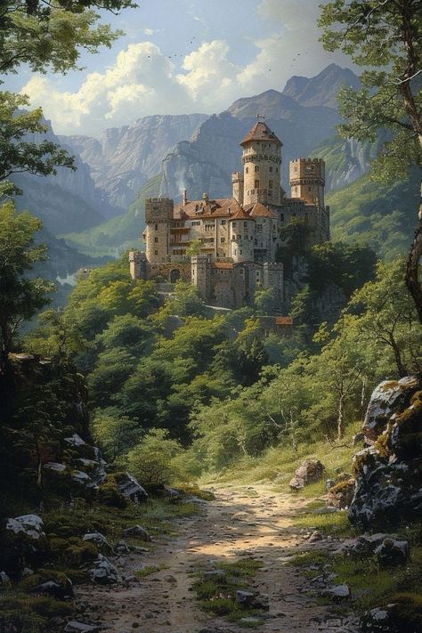 Medieval Landscape, Castle Artwork, Forest Castle, Vila Medieval, Castle Painting, Medieval Houses, My Fantasy World, Odaiba, Landscape Art Painting