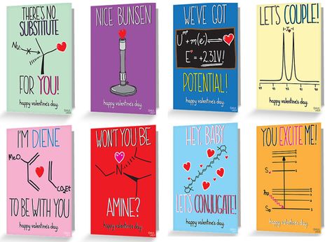 Send these to your favorite scientist. Cards by www.freshphotons.com/post/138476273992/chemistry-valentines-day-cards-by-nick-uhlig Chemistry Valentines Cards Puns, Chemistry Valentines Cards, Science Valentines Cards, Creative Ideas For Boyfriend, Chemistry Valentines, Valentines Science, Calligraphy Notes, Valentines 2024, Science Valentines