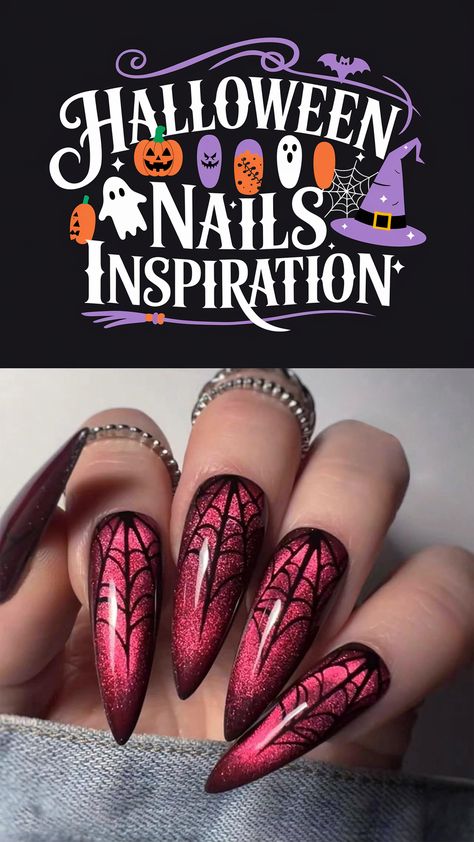 Inspiration for halloween nails : IMRAIN Halloween Press on Nails Long Stiletto Fake Nails Purple Cat Eye Glue on Nails Glossy Full Cover Almond Acrylic False Nails with Spider Web Designs Bling Gel Artificial Stick on Nails 24Pcs Nails With Spider, Nails Spider Web, Nails Spider, Spider Web Design, Wine Nails, Press On Nails Long, Witchy Nails, Long Almond, Halloween Press On Nails