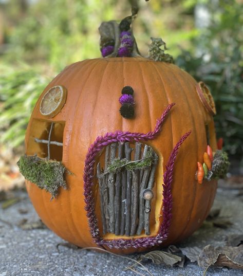 My five-year-old daughter and I had the best day creating these sweet fairy homes! We decided it would be a tradition for years to come. Pumpkin Fairy House Carving, Fairy House Pumpkin Carving, Fairy House Pumpkin, Fairy Garden Pumpkin, Fairy Pumpkin, Pumpkin Elf, Pumpkin Fairy House, Pumpkin Fairy, Creative Pumpkin Decorating