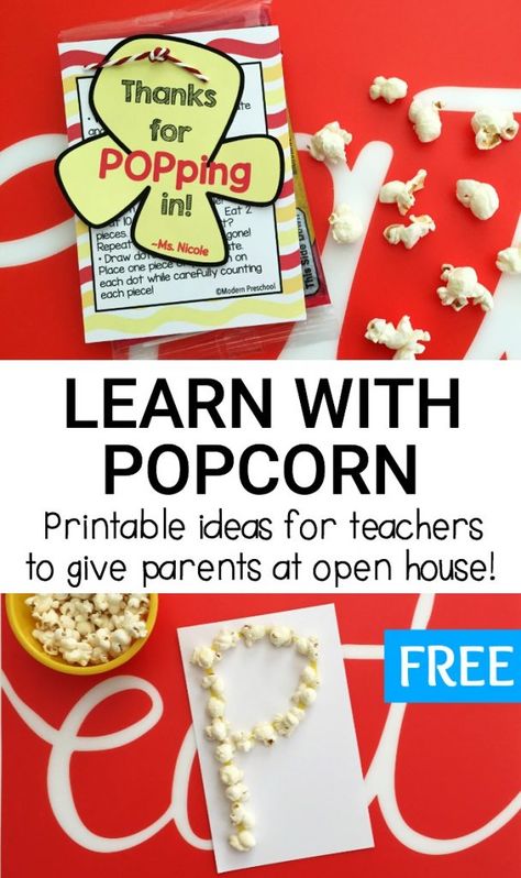 FREE popcorn learning ideas printable for teachers during preschool & kindergarten open house! Snack & learn with these 5 simple math and literacy ideas! Kindergarten Open House, Corn Activities, Thanksgiving Homeschool, Modern Preschool, Kindergarten Registration, Circus Classroom, Popcorn Theme, Family Literacy Night, Prek Literacy