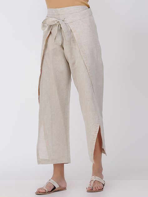 Beige Tie-up Waist Ikat Linen Wrap Pants Overlap Pants, Wrap Clothes, Spa Wear, Minimal Clothing, Colorful Closet, Kimono Bathrobe, Spa Uniform, Comfy Travel Outfit, Thai Pants