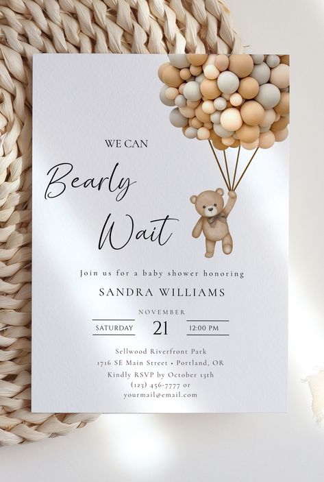 Cute 'We Can Bearly Wait' Teddy Bear Balloon Baby Shower Invitations for Your Special Day Teddy Bear Holding Balloons, Bear Holding Balloons, Teddy Bear Balloon, Teddy Bear Baby Shower Theme, Holding Balloons, Teddy Bear Baby Shower Invitations, Bear Balloon, Bear Baby Shower Theme, Surprise Baby Shower