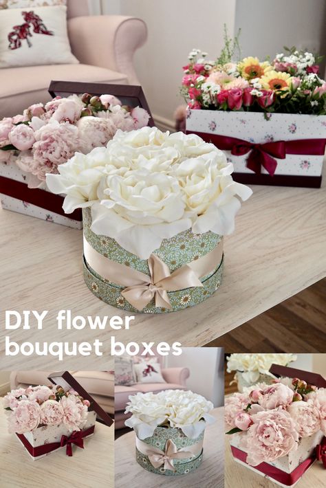 DIY Faux and Fresh Flower Bouquet Box - Dainty Dress Diaries Rose Box Diy, Flower Box Diy, Diy Flower Box, Blooming Box, Boxed Flowers, Flower Bouquet Boxes, Hat Box Flowers, Box With Flowers, Theme Baskets