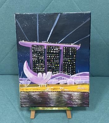 The world’s most iconic hotel, Marina Bay Sands, Singapore Acrylic Painting: I live in Singapore for the past 4 years now. When I came here first and the evening came upon, I saw the city illuminate with lights and the reflections Singapore Painting, Marina Bay Sands Singapore, Sands Singapore, Sinchan Wallpaper, Moving To Hawaii, Sands Hotel, Study Architecture, Wildlife Paintings, Great Paintings