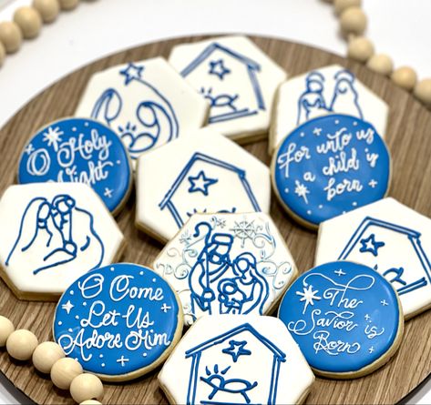 Christian Christmas Sugar Cookies, Happy Birthday Jesus Cookies, Nativity Sugar Cookies Decorated, Manger Cookies Decorated, Christian Christmas Cookies Decorated, Religious Christmas Cookies Decorated, Christian Decorated Cookies, Nativity Decorated Cookies, Nativity Scene Cookies