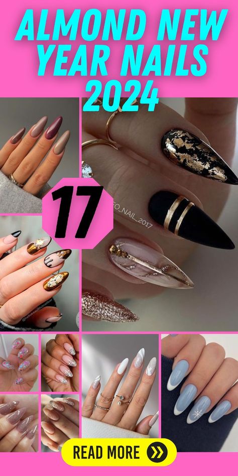 Sparkle into 2024 - Trendy Almond New Year Nails: Welcome 2024 with a touch of sparkle on almond new year nails. These trendy designs feature options in black, gold, and French tip style. Whether you prefer a cute or simple look, these nails are ready to set the trend for the New Year. New Years Nail Designs Almond Shape, Trending Almond Nails 2024, New Year Nails Design 2024 Almond, New Years Eve Nails Ideas Classy Almond, New Years Nails Almond Shape, Almond Nails With Silver, New Years Nails Almond, Latest Nails, Nails With Silver