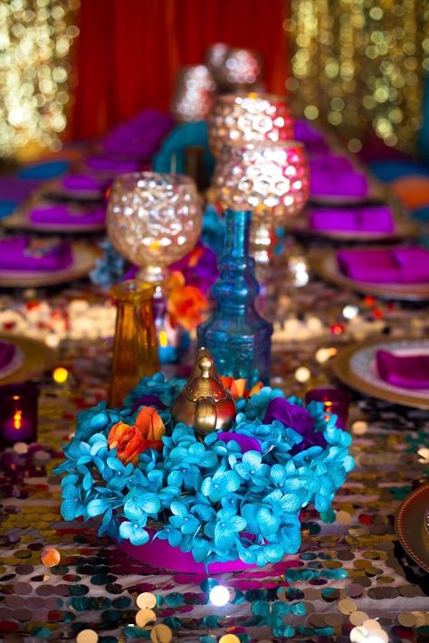 Table centerpiece from an Arabian Nights Birthday Party on Kara's Party Ideas | KarasPartyIdeas.com (16) Arabic Night Party Ideas, Arabic Night, Arabian Nights Theme Party, Aladdin Theme, Aladdin Wedding, Night Party Ideas, Arabian Party, Dubai Party, Arabian Theme