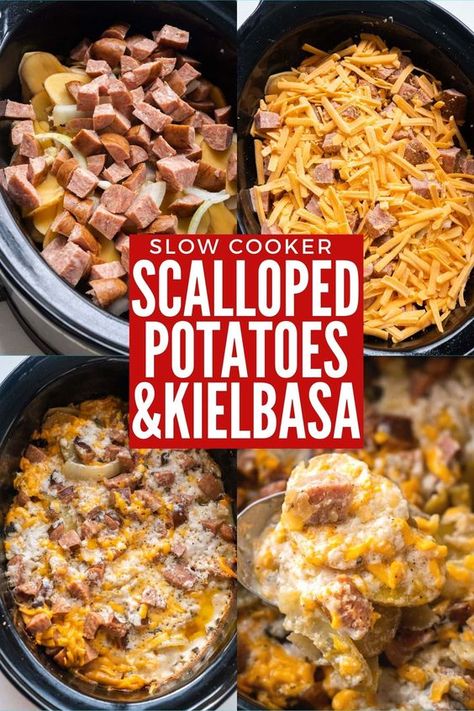 Potatoes And Kielbasa, Kilbasa Sausage Recipes, Sausage Crockpot Recipes, Kabasa Recipes, Potato Recipes Crockpot, Slow Cooker Scalloped Potatoes, Slow Cooker Kielbasa, Sausage Crockpot, Smoked Sausage Recipes