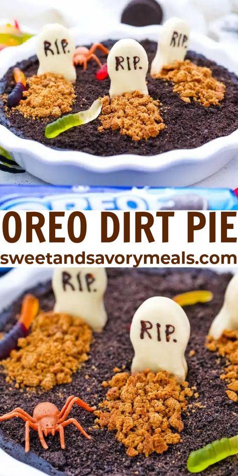 Oreo Dirt Pie is a fun and delicious dessert made with just a handful of ingredients, easy to make with kids, and perfect for Halloween. Dirt Pie Recipe, Oreo Dirt Pie, Halloween Dirt Pudding, Halloween Pies, Halloween Pie, Dirt Pie, Candy Corn Recipe, Oreo Dirt, Crumble Cookie