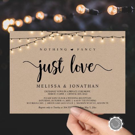 Nothing Fancy, Just Love, String Lights Elopement Invitation Nothing Fancy Just Love Wedding, Farm Wedding Reception, Nothing Fancy Just Love, Elopement Invitation, Elopement Party, Elopement Reception, Wedding Backyard Reception, Elopement Announcement, Wedding Reception Invitations