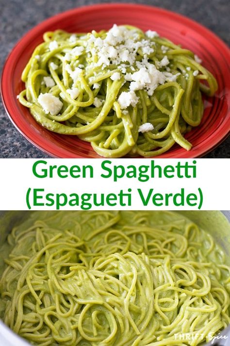 Green Spaghetti Recipe Mexican, Mexican Green Spaghetti, Green Spaghetti Recipe, Spaghetti Verde, Green Pasta Recipe, Mexican Easy, Mexican Spaghetti, Green Pasta, Recipe Mexican