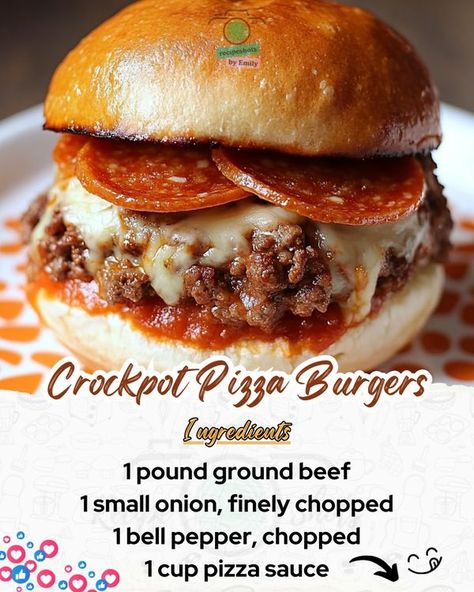 Tasty Treasures: Recipes & More | Get the best of both worlds with these Crockpot Pizza Burgers | Facebook Crock Pot Burgers, Crockpot Pizza, Pizza Burgers, Best Of Both Worlds, Pizza Sauce, Cooker Recipes, Slow Cooker Recipes, Ground Beef, Stuffed Bell Peppers