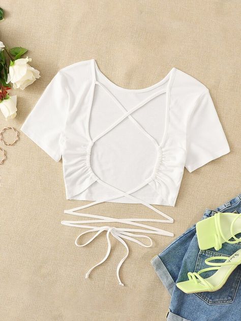 SHEIN Qutie Criss Cross Backless Crop Tee | SHEIN USA Chic Outfits Edgy, Outfits Edgy, Cross Top, White Cross, Women Tops, Crop Tee, Criss Cross, Summer Women, Chic Outfits