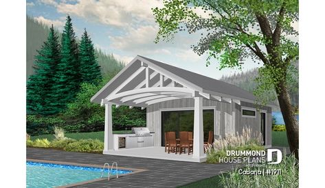 front - BASE MODEL of house plan 1911 Craftsman Style Floor Plans, Small Pool House, Simple Pool, Small Guest Bedroom, Drummond House Plans, Pool House Designs, Pool House Plans, Pool Cabana, Monster House Plans