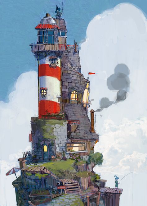 ArtStation - The Brighthouse, Logan cook Cute Lighthouse Drawing, Steampunk House Concept Art, Steampunk Building Concept Art, Lighthouse Concept Art, Concept Art Building, Building Concept Art, Lighthouse Architecture, Rumah Minecraft Sederhana, Building Art