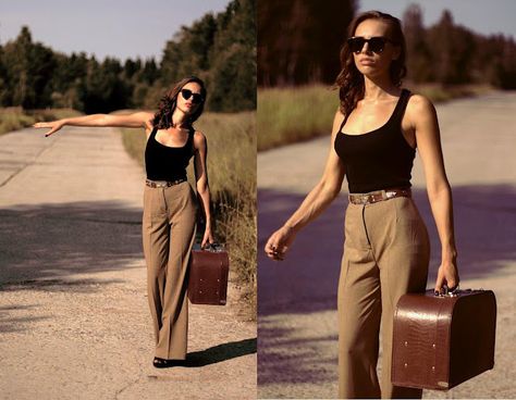 Rita Galkina from http://ritagalkina.blogspot.ca/ Brown Flare Pants, Sick Fits, Black Top Outfit, High Waisted Pants Outfit, Brown Flares, French Street Fashion, Tank Top Outfits, Summer 22, Black Camis