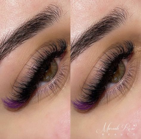 Lashes With Purple Ends, Eyelash Extensions With Purple, Lash Extension With Color, Eye Lash Extensions Styles Color, Lash Extensions Color Eyelashes, Lashes Extensions Color, Lash Extensions With Purple, Colorful Eyelash Extensions, Lash With Color