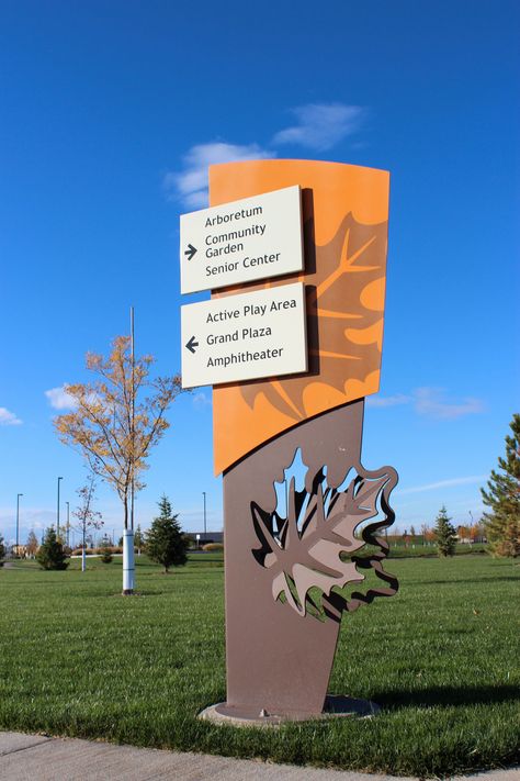 Park signage, exterior wayfinding, themed wayfinding, sculptural wayfinding, park sign design Park Signage Design, Park Wayfinding, Pylon Signage, Interpretive Signage, Entrance Signage, Park Signage, Wayfinding Signage Design, Architectural Signage, Monument Signs