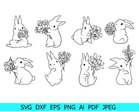 Small Rabbit Tattoo, Bunny Ear Outline Tattoo, Line Art Rabbit, Bunny Line Art, Line Art Bunny, Line Work Bunny Tattoo, Hase Tattoos, Bunny Clip Art, Rabbit Clipart Black And White