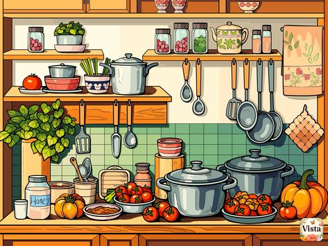 Colouring Art, 300 Pieces Jigsaw Puzzle, Drawing Scenery, Recipe Drawing, Kitchen Drawing, Zen Colors, Food Clipart, Object Drawing, Diy Watercolor Painting