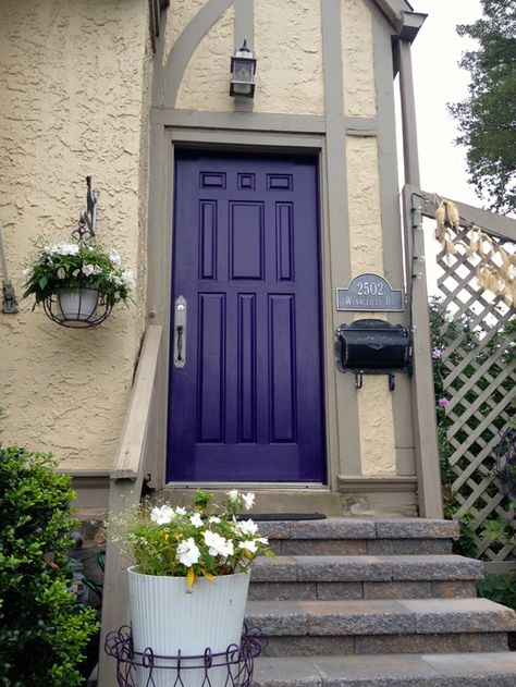 Sherwin Williams Dewberry: The color is actually a little less blue than it appears in these photos. Front Door Purple Paint Colors, Purple Door Gray House, Front Door Purple, Blue House Purple Door, Purple Entry Door, Purple Front Doors, Sliding Door Window Treatments, Exterior Door Colors, Door Window Treatments