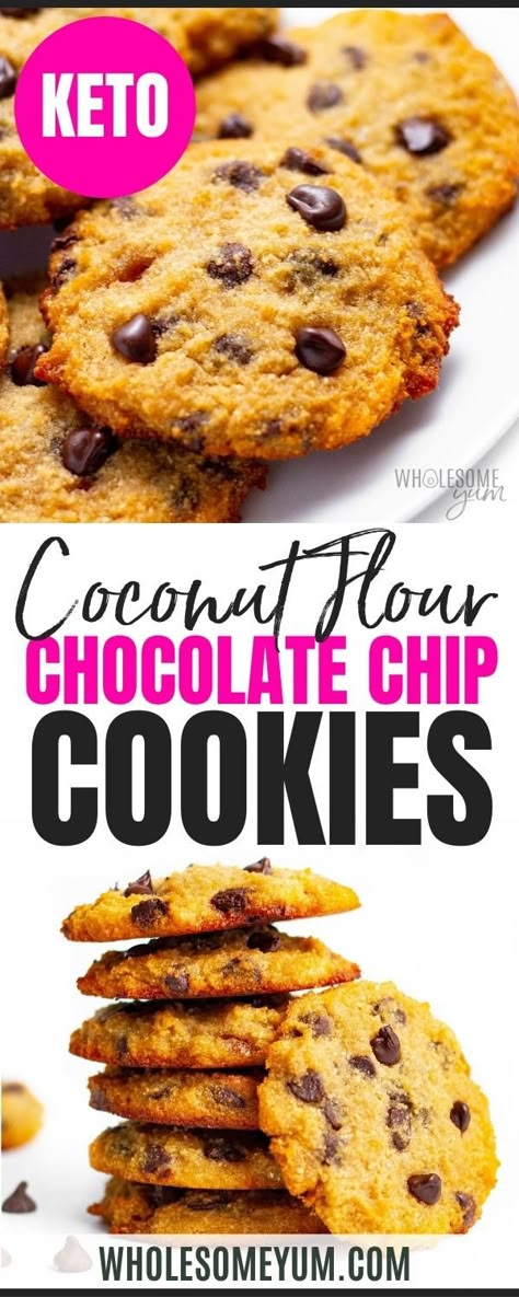 Coconut Flour Chocolate Chip Cookies, Ketone Recipes, Low Carb Keto Desserts, Coconut Flour Cookies, Coconut Chocolate Chip Cookies, Keto Christmas Cookies, Keto Muffins, Baking With Coconut Flour, Ketogenic Desserts