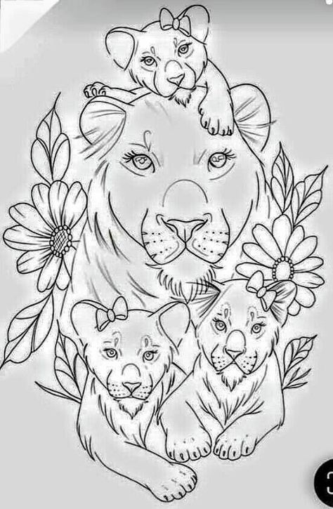 Lion Drawing Simple, Lioness And Cub Tattoo, Lioness Tattoo Design, Leo Tattoo Designs, Cubs Tattoo, Tier Tattoo, Family Tattoo Designs, Mom Tattoo Designs, Mommy Tattoos