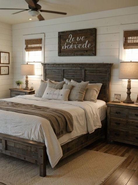 Create a rustic farmhouse vibe in your bedroom with an accent wall using shiplap or reclaimed wood. Complete the look with a distressed wooden dresser and a vintage-inspired metal bed frame for a touch of farmhouse charm. Ranch Style Bedroom, Cozy Farmhouse Bedroom Ideas, Rustic Bedroom Ideas, Cozy Farmhouse Bedroom, Rustic Farmhouse Bedroom, Farmhouse Bedroom Ideas, Farmhouse Bedrooms, Beautiful Bedroom Decor, Farmhouse Style Bedrooms