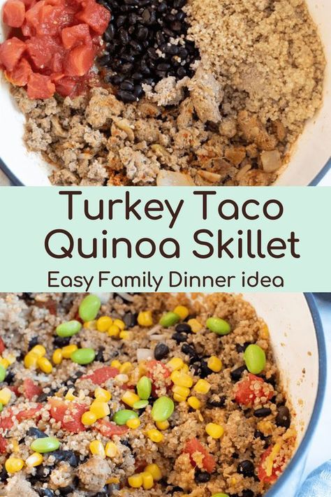 This turkey taco quinoa skillet is an easy, gluten-free, delicious weeknight meal that comes together quickly. Made with cheese, quinoa, ground turkey, black beans, veggies, these ground turkey quinoa bowls will be a new favorite! Quinoa Ground Turkey, Taco Quinoa, Quinoa Skillet, Quinoa Meatballs, Turkey Quinoa, Ground Turkey Tacos, Quinoa Casserole, Quinoa Bowls, Quinoa Sweet Potato