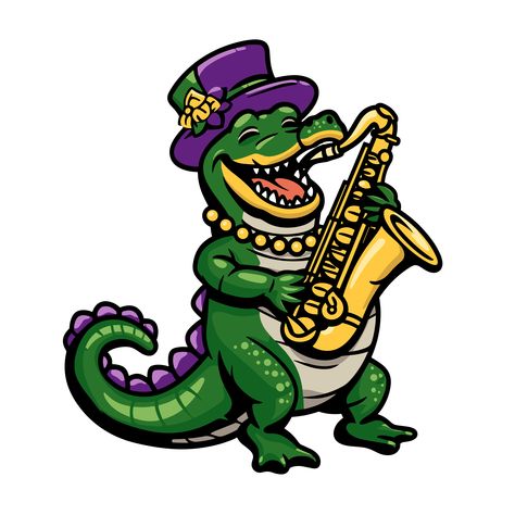 a crocodile playing a saxophone on a black background Mardi Gras Alligator, Alligator Character, Mardi Gras Art, Alligators Art, Louisiana Mardi Gras, Kingdom Art, Jazz Saxophone, Funny Expressions, Adventure Art