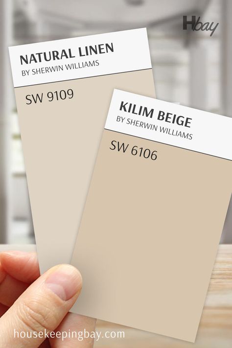 The image shows a comparison between two Sherwin Williams paint colors. On the left is "Natural Linen" (SW 9109), a soft beige with warm, creamy undertones. On the right is "Kilim Beige" (SW 6106), a slightly deeper, warmer beige with more pronounced tan undertones. Both samples are held by a hand against a blurred background, allowing a clear comparison of the subtle differences in warmth and depth between these two inviting neutral shades Kilim Beige Coordinating Colors, Beige Coordinating Colors, Beige Paint Colors, Yellow Paint Colors, Beige Paint, Kilim Beige, Yellow Paint, Yellow Painting, Coordinating Colors