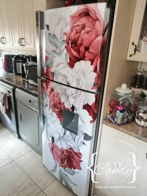 Appliance Wraps, Vinyl Fridge, Appliance Makeover, Refrigerator Makeover, Laundry Room Decor Diy, Mint Kitchen, Refrigerator Wraps, Refrigerator Decoration, Cottage Style Kitchen