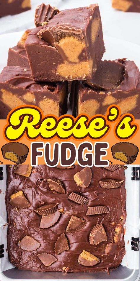 Reese’s Fudge Reese’s Fudge, Reese Brownies, Reese Fudge Recipe, Fudge Ideas, Princess Recipes, 1905 Salad, Microwave Peanut Butter Fudge, The Best Fudge, Homemade Peanut Butter Cups