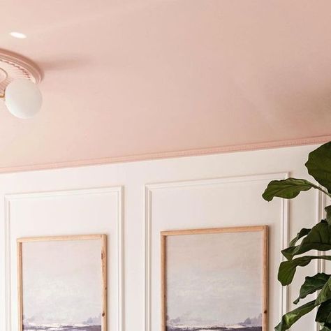 Blush Ceiling Paint, Pink Ceiling White Walls, Painted Ceiling White Walls, Castilian Pink, Pink Ceiling Bedroom, Blush Ceiling, Light Pink Ceiling, Colorful Walls, Pink Ceiling