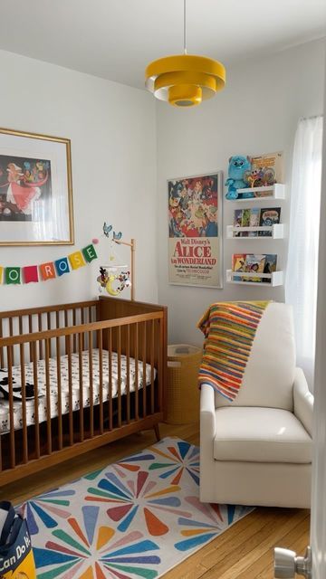 Rosy Feliciano-Hernandez on Instagram: "Margo’s Magic Kingdom✨ The nursery is finally complete! It took so much effort, time and patience to find all of these vintage pieces but it was very worth it! #nursery #nurseryreveal #disneynursery #disney #magickingdom #magickingdomnursery #disneytheme" Old School Disney Nursery, Vintage Disney Baby Nursery, Disney World Nursery Theme, Nursery Primary Colors, Eclectic Nursery Gender Neutral, Primary Colors Nursery, Colorful Nursery Boy, Colorful Baby Boy Nursery, Vintage Disney Room