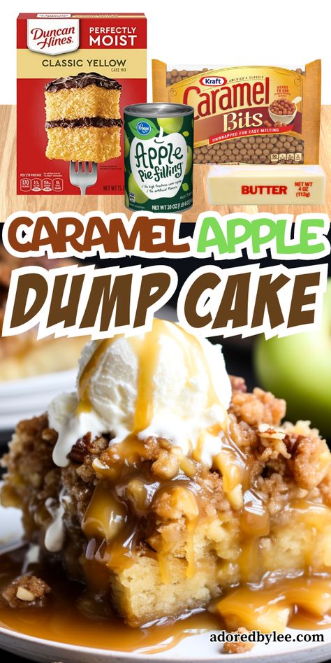 This caramel apple dump cake recipe is so easy to make and perfect for family get-togethers. Canned Apples Recipes Simple, Easy Apple Desserts For A Crowd, Apple Dump Cake, Caramel Apple Dump Cake, Caramel Apples Easy, Apple Dump Cakes, Easy Dessert Recipe, Dessert Simple, Vanilla Icing