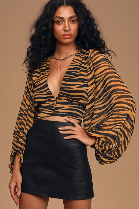 Plunging Tiger Stripe Top - Sexy Crop Top - Balloon Sleeve Top #ad #Stripe, #Affiliate, #Top, #Plunging, #Tiger Backless Tank Top, Floral Print Crop Top, Animal Print Outfits, Black Tiger, Animal Print Shoes, Balloon Sleeve Top, Print Shoes, Printed Balloons, Print Crop Tops