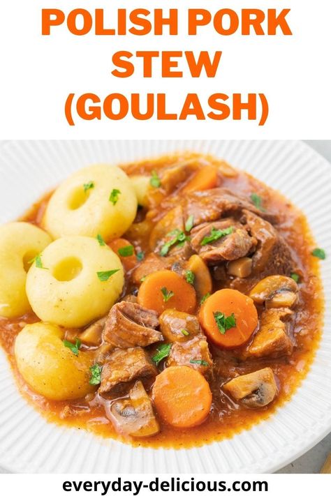 This pork stew is made with tender chunks of pork shoulder, beer, mushrooms, and carrots, all smothered in a delicious gravy. This recipe is based on Polish pork goulash. It uses everyday ingredients and it’s so flavorful! Recipes With Pork Shoulder, Pork Stew Crockpot, Polish Goulash, Polish Stew, Boneless Pork Sirloin Roast, Pork Stew Meat Recipes, Pork Goulash, Pork Stew Meat, Instant Pot Stew