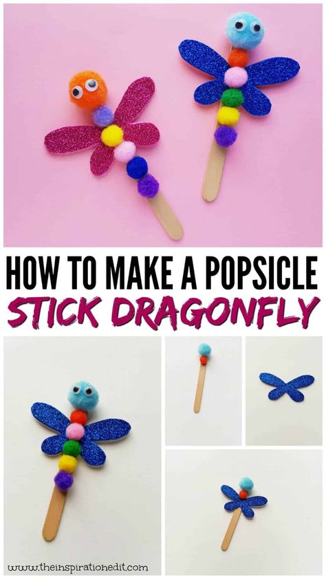 Dragonfly Popsicle Stick Craft, D Is For Dragonfly, Dragonfly Paper Craft, Easy Butterfly Crafts For Kids, Dragonfly Craft Preschool, Lollipop Stick Craft, Dragonfly Crafts, Simple Dragonfly, Dragonfly Craft