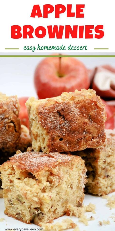 Apple Brownies aka Apple Blondies are tender brownies loaded with fresh apples, cinnamon, and crunchy pecans. Easy from scratch apple brownies are the perfect recipe for all to enjoy. A great dessert fall dessert. Perfect for Holidays, tailgating, family parties. Quick Apple Dessert, Apple Brownies, Dessert Fall, Apple Blondies, Easy Homemade Desserts, Mouthwatering Desserts, Apple Desserts Easy, Apples Cinnamon, Friends Recipes