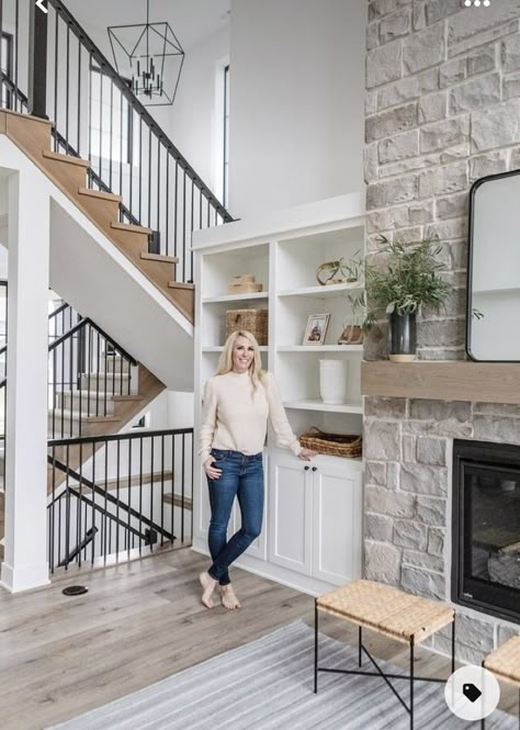 One Story Living Room, Corner Fireplace Tall Ceilings, High Wall Fireplace Ideas, Great Room Built Ins Fireplaces, Shiplap And Stone Fireplace With Tv, Stone Fireplaces With Tv Above, Two Story Corner Fireplace Ideas, Fireplace On Staircase Wall, Tall Ceiling Living Room Fireplaces