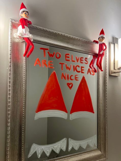 2022 Day 1: Cocoa the Scout Elf left a note on the mirror saying “two elves are twice as nice” and brought a 2nd elf friend back from the North Pole. She later recieved her name from the children. Introducing: Sprinkles the Scout Elf! Elfs Come Back Ideas, Elf On Shelf Brings A Friend, Elf Is Back With A Friend, Im Back And Brought A Friend Elf, Left On The Shelf Ideas, Elf On The Shelf Ideas For Kids Who Are Misbehaving, Elf On A Shelf Ideas 2 Elves, Elf Has Arrived, Elf’s Are Back Ideas