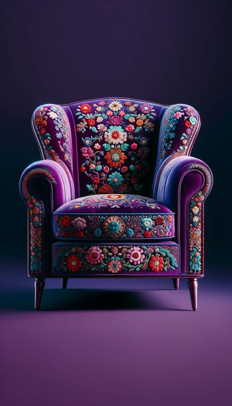 This plush armchair boasts a deep purple velvet elegance, ornamented with vibrant floral embroidery, marrying traditional craftsmanship with bohemian charm #VelvetVogue #BohemianChic #EmbroideryArt #FurnitureFashion #PurplePassion Purple Arm Chair, Funky Armchairs, Purple Armchair, Purple Velvet Sofa, Floral Armchair, Painted Sofa, Diy Furniture Upholstery, Plush Armchair, Weird Furniture