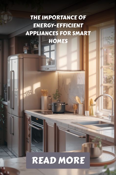 Modern kitchen showcasing energy-efficient appliances with the text "The Importance of Energy-Efficient Appliances for Smart Homes". Reduce Energy Consumption, Energy Efficient Appliances, Modern Appliances, Home Automation System, Energy Management, Eco Friendly Design, Energy Bill, Cost Saving, Energy Efficient Lighting