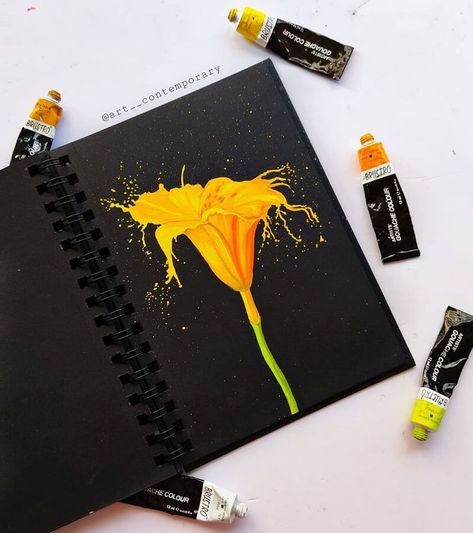 Acrylic Painting flower Splash Of Paint, Flower Acrylic Painting, Gouache Color, Black Paper Drawing, Flower Acrylic, Pen Art Drawings, Gouache Art, Watercolor Art Lessons, Color Pencil Art