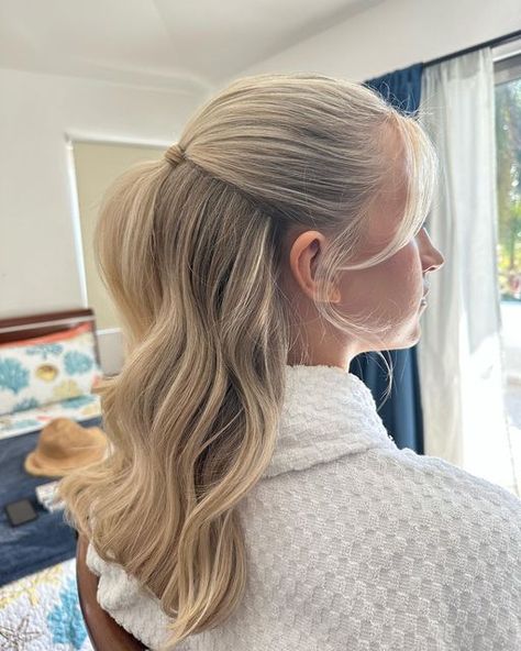 Half Hair Up Bride, Simple Half Up Half Down Bridal Hair, Classic Half Up Half Down Wedding Hair, Half Up Pony Wedding Hair, Half Pony Wedding Hair, Bridal Hair Blonde Half Up, Low Ponytail Bridal Hair, Modern Half Up Half Down Hair, Unique Half Up Half Down Hairstyles