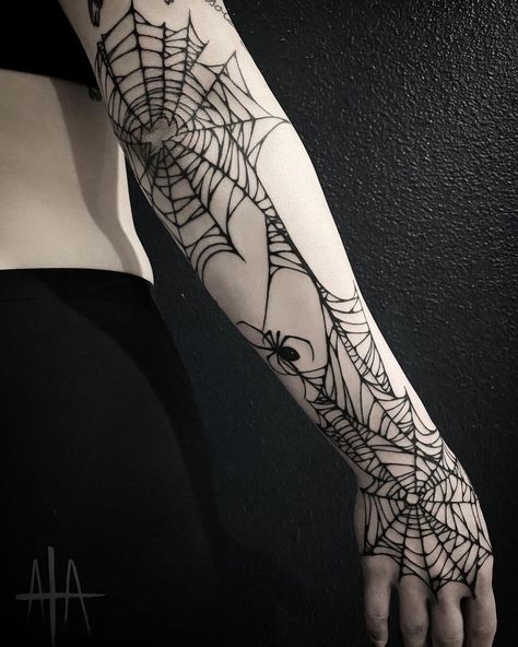 Spider Crawling Down Web Tattoo, Spiderweb Lace Tattoo, Spiderweb Tattoo Forearm, Spider Web Forearm Tattoo, Spider Themed Tattoos, Realistic Spider Web Tattoo, Spider Web Hand Tattoos For Women, Spider Web Gap Filler Tattoo, Kneecap Spiderweb Tattoo