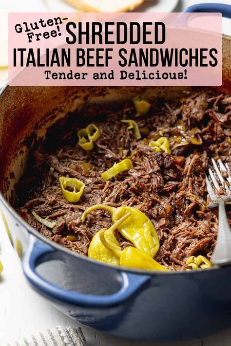 This Chicago-style Shredded Italian Beef Sandwich recipe is naturally gluten-free and a crowd-pleasing favorite! Easy to make in the oven, slow cooker, or Instant Pot! Juicy beef chuck roast is slow-cooked with onion, sweet pepper, and zesty pepperoncini peppers. Gluten Free Italian Beef Crock Pot, Italian Beef Sandwiches Dutch Oven, Pepperocini Roast Crockpot Italian Beef, Gluten Free Chuck Roast Crock Pot, Chuck Roast With Pepperoncini Crock Pot, Pepporincini Roast, Chuck Roast Italian Beef Sandwiches, Pepper Roast Crock Pot, Chuck Roast Crock Pot Recipes With Pepperoncini