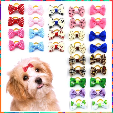 MEWTOGO 30 pcs/15 Pairs Dog Hair Bows with Rubber Bands-Pet Hair Accessories for Girl Puppy Grooming, Dog Hair Bows, Handmade Hair Bows, Handmade Pet, Bow Hair Accessories, Small Puppies, Making Hair Bows, Dog Pin, Dog Bows